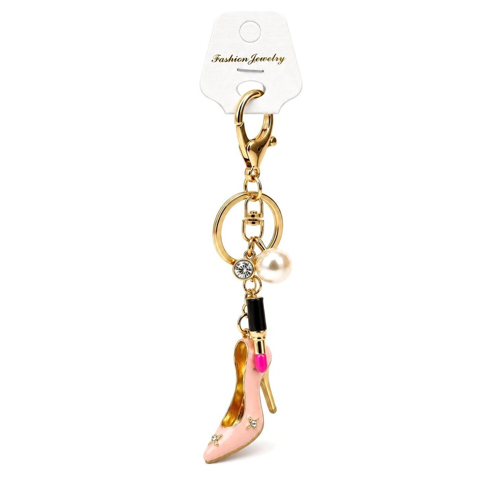 Pink High Heel Lipstick Purse Bag Charm Keychain Pearl Rhinestone Gold Luxe NEW - Picture 6 of 9